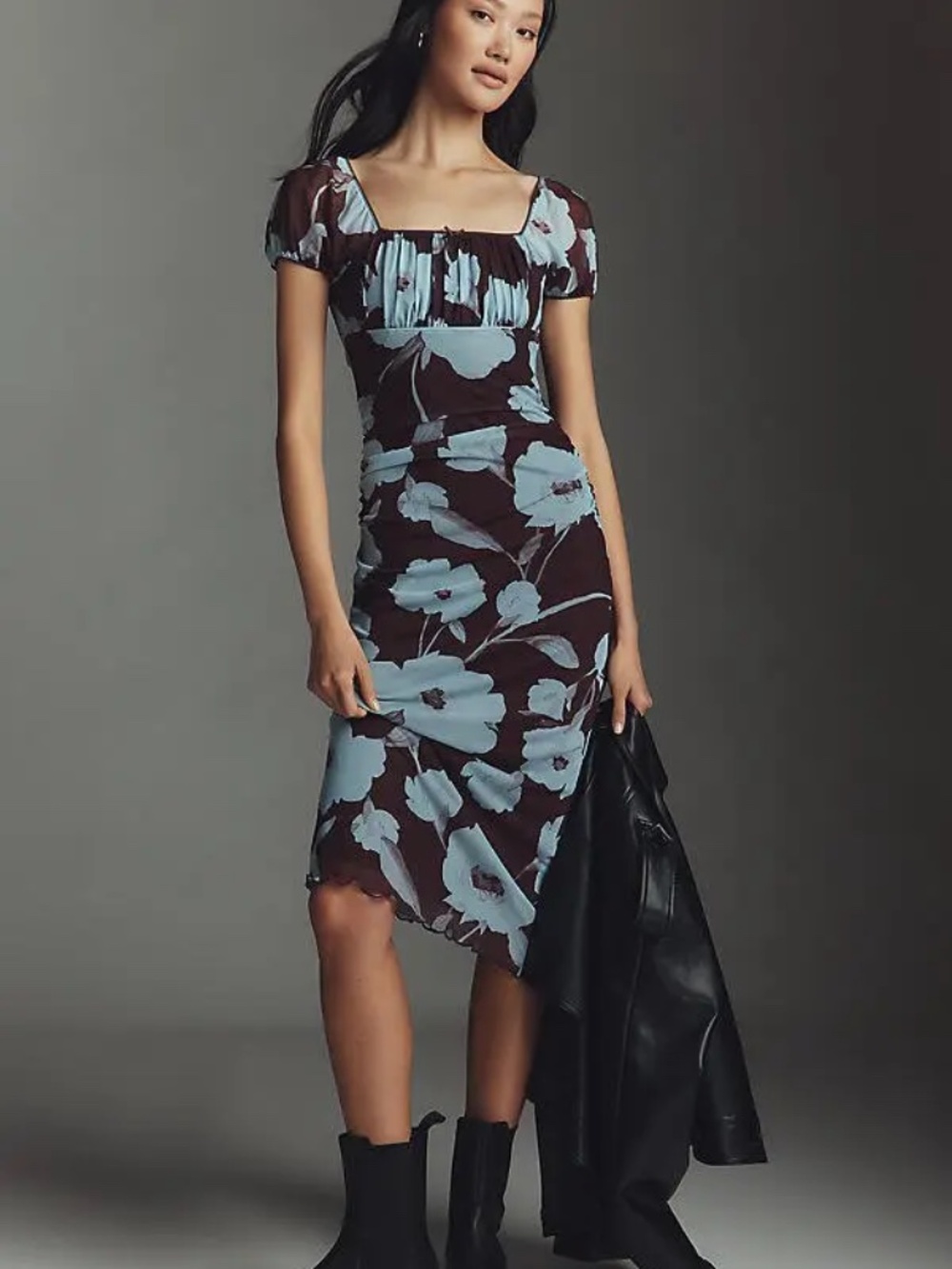 Anthropologie Maeve Puff-Sleeve Square-Neck Mesh Midi Dress PURPLE FLORAL nwt